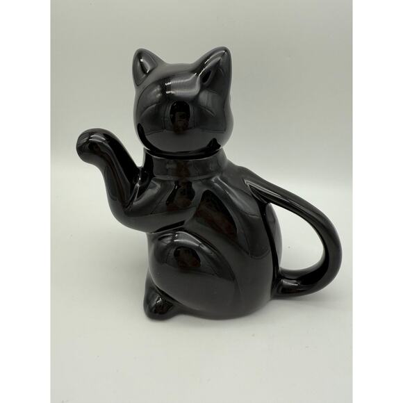 Vintage Albert Kessler Black Glossy Kitty Sitting Lucky Cat Small 7 Tall Teapot - Picture 3 of 8